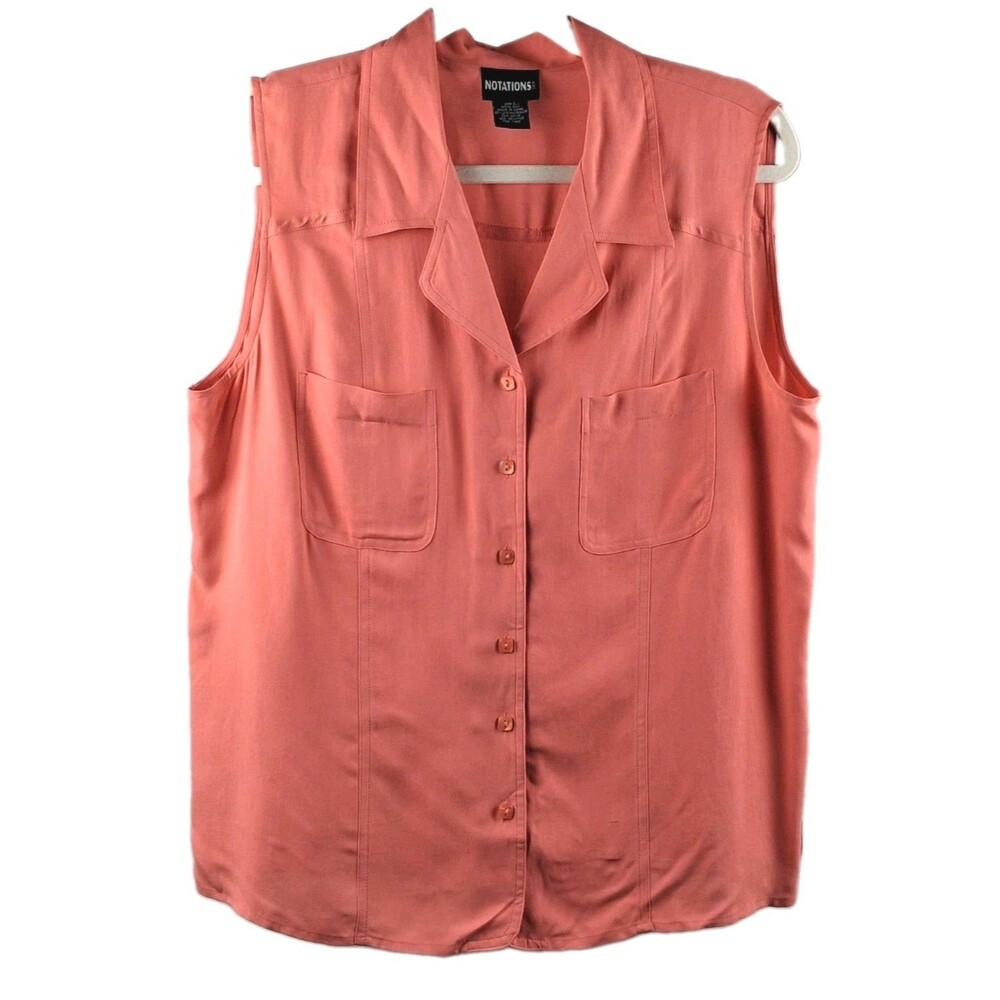 Coral Silk Minimalist Office Blouse Notations Women's Sz L Sleeveless Button-Up